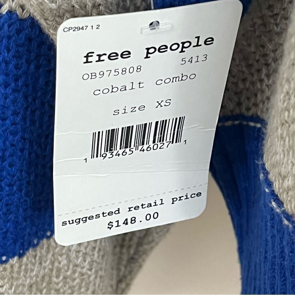 Free People Cassidy Cotton/ Linen Wide Stripe Off Shoulder Sweater Blue/… - Picture 6 of 7